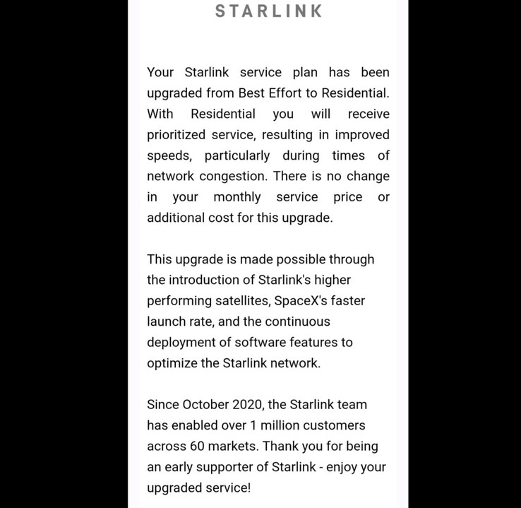E-mail dotyczący aktualizacji prędkości w ramach programu Starlink Best Effort to Residential tier