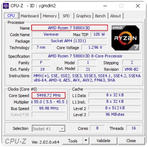 Odblokowany Ryzen 7 5800X3D. (Źródło obrazu: CPU-Z Validator)