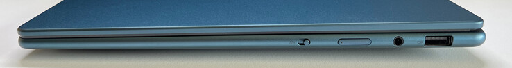 Po prawej: kamera internetowa eShutter, przycisk zasilania, audio 3,5 mm, USB-A 3.2 Gen 1 (5 GBit/s)