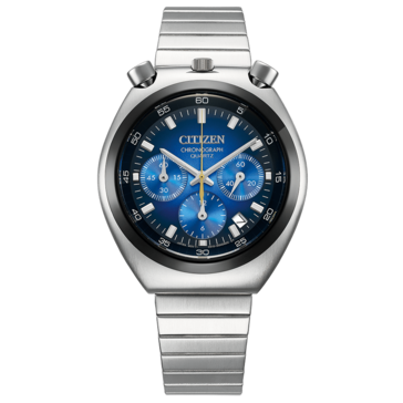 Widok z przodu zegarka Citizen Tsuno Chronograph AN3714-68L z wyrazistą niebieską tarczą z gradientem.