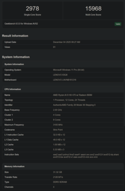 Ryzen AI 9 HX 470 w teście Geekbench (źródło obrazu: Geekbench)