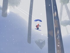 Na zdjęciu: Postać gracza latająca na paralotni w gęstym lesie podczas zamieci. (Źródło: Zrzut ekranu z gry Studio Gauntlet's Sno: Ultimate Freeriding)