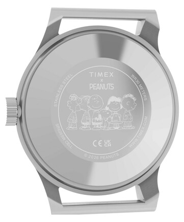 Tył koperty zegarka Timex x Peanuts MK1 z wizerunkiem Snoopy’ego i innych postaci z serii „Peanuts”.