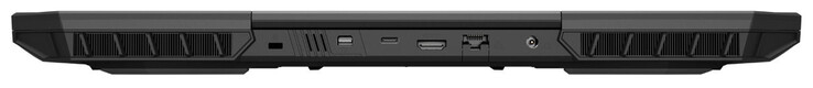 Tył: Gniazdo na blokadę kabla, mini Displayport 1.4a (G-Sync), USB 3.2 Gen 2 (USB-C), HDMI 2.1, Gigabit Ethernet, złącze zasilania
