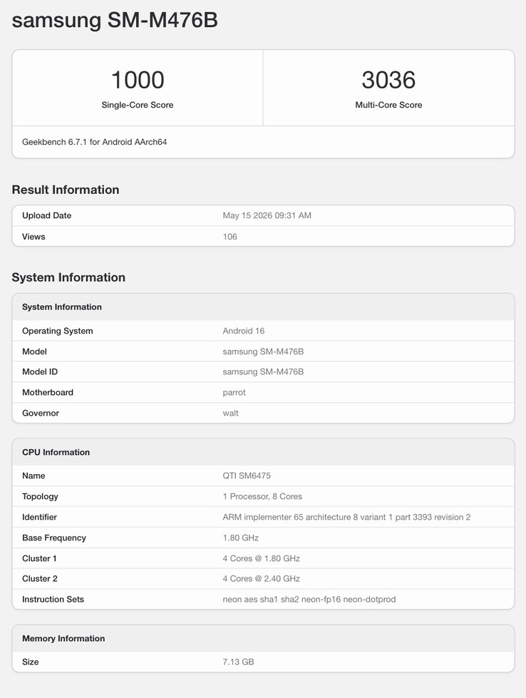 Wpis w serwisie Geekbench dotyczący oczekiwanego modelu Galaxy M47 5G.