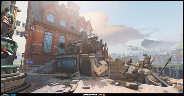 Zasypane gruzem ulice i częściowo zniszczone wnętrza w Overwatch 2 podkreślają środowiskową fabułę stojącą za naznaczonymi konfliktami przestrzeniami misji fabularnych w grze.