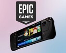 Logo Epic Games widoczne nad Valve Steam Deck