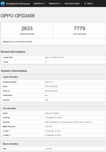 ...podczas gdy "Oppo Pad 4 Pro" zakrada się do Geekbench. (Źródło: 3C via MySmartPrice, Geekbench)