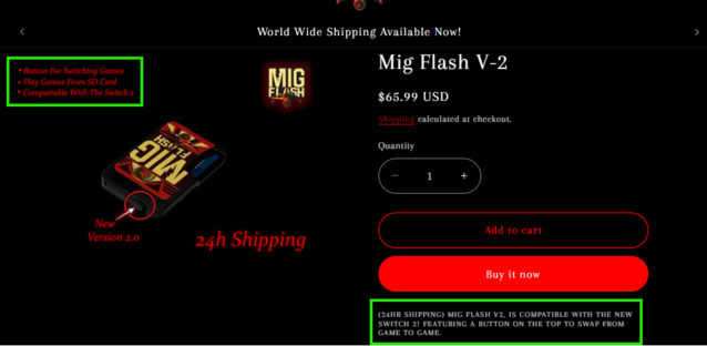 migflashunited.com twierdzi, że jest kompatybilny z Switch 2 w dwóch różnych miejscach na swojej stronie produktu, mimo że inne witryny nie twierdzą tak (Źródło obrazu: migflashunited.com)