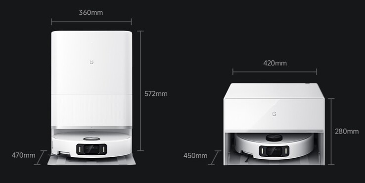 Wymiary robota próżniowego Xiaomi Mijia Robot Vacuum Mop 5 Pro Water Tank Edition (po lewej) i wersji wodno-spustowej (po prawej). (Źródło zdjęcia: Xiaomi)