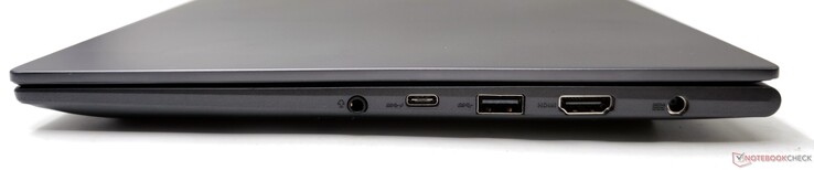 Po prawej: gniazdo combo audio 3,5 mm, USB 3.2 Gen2 Type-C (Power Delivery/DisplayPort), USB 3.2 Gen1 Type-A, wyjście HDMI 2.1 TMDS, wejście DC