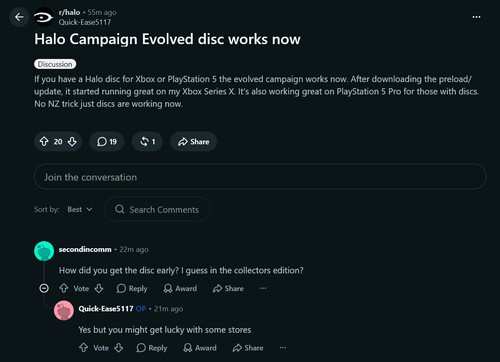 Komentarze na Reddicie dotyczące płyt z grą „Halo: Campaign Evolved”