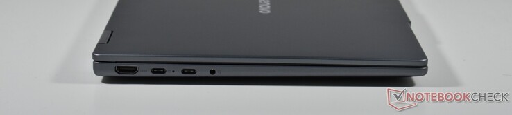 po lewej stronie: HDMI, 2x USB-C 3.1 Gen 2 (DP Alt Mode, Power Delivery), 3,5 mm Audio