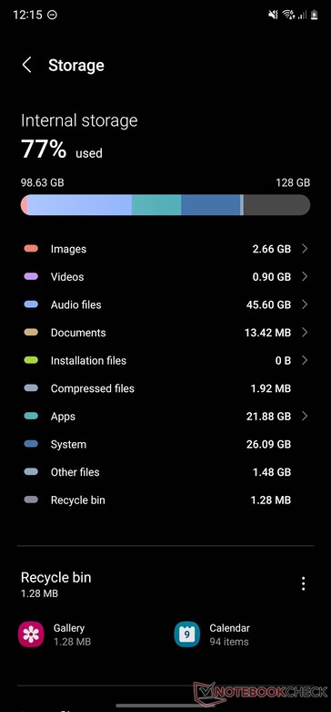 Wykorzystanie systemu w modelu Galaxy S22 Ultra z 128 GB pamięci masowej. (Źródło obrazu: NotebookCheck)