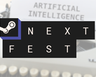 Na zdjęciu - logo Steam Next Fest nad obrazem z typerwiterem i tekstem "Artificial Intelligence" na papierze.