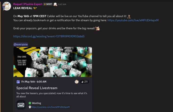 Ogłoszenie Wooting Discord dotyczące uruchomienia transmisji na żywo 16 maja