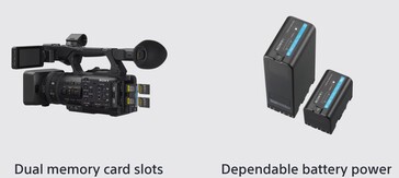 Kamkordery HXR-NX800 i PXW-Z200 mogą nagrywać na dwóch kartach pamięci CFexpress typu A lub SD przez ponad cztery godziny bez przerwy przy użyciu opcjonalnego akumulatora BP-U100 97 Wh. (Źródło obrazu: Sony)