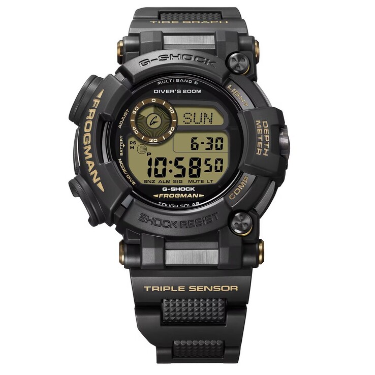 Casio G-Shock Frogman GWF-D1000BC-1JF z całkowicie czarną kopertą, brązowymi akcentami oraz bransoletą wykonaną z kompozytu metalu i żywicy.