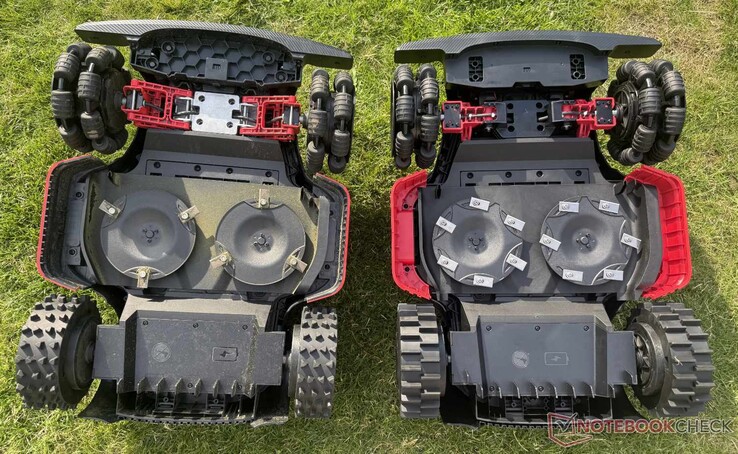 Model Dreame A3 AWD Pro (po lewej) posiada solidniejsze przednie zawieszenie, natomiast model Mova LiDAX Ultra AWD (po prawej) ma dwukrotnie więcej łopatek
