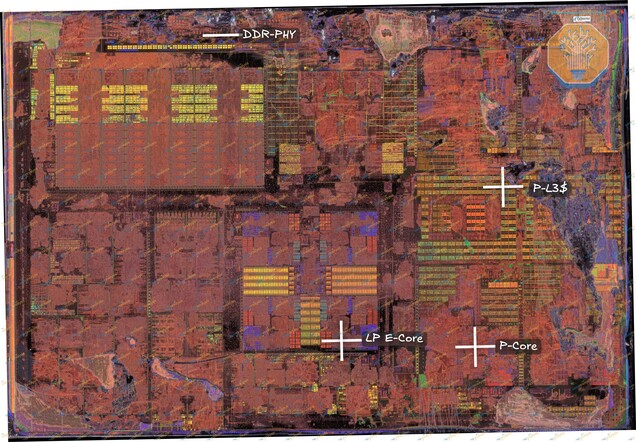 Moduł obliczeniowy Intel 18A Panther Lake, wyposażony w rdzenie procesora, pamięć podręczną oraz interfejsy pamięci.