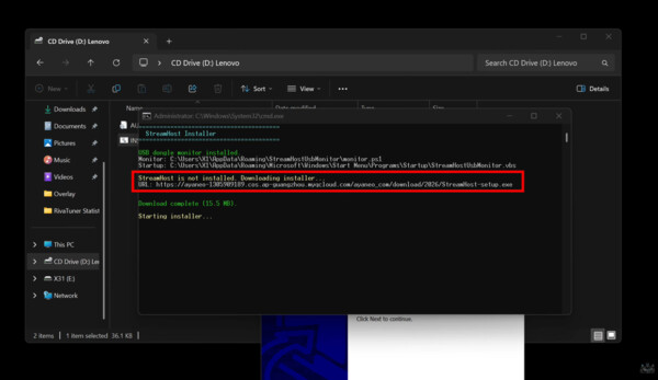 Oprogramowanie Streamhost w komputerze Lenovo Legion C700, przeznaczone do gier o niskim opóźnieniu, pobiera dane z serwera Ayaneo.
