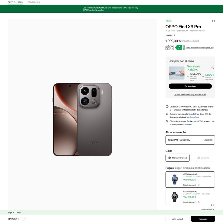 W Hiszpanii kupujący otrzymują 120 euro zniżki na Oppo Find X9 Pro i darmowy zegarek Oppo Watch X2.