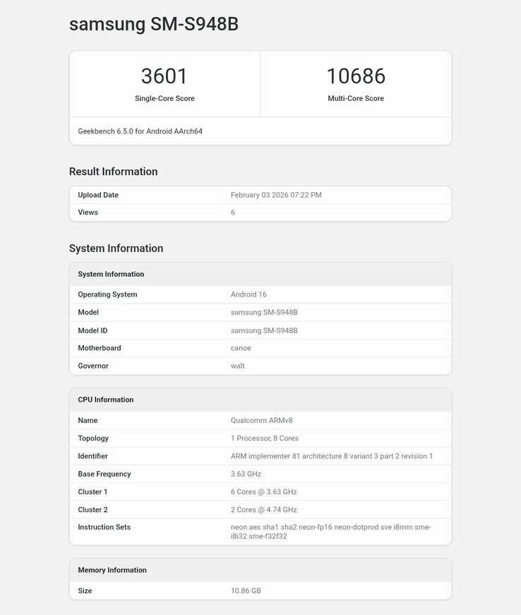 Samsung Galaxy S26 Ultra Wynik Geekbench.