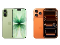Zdjęcie obok siebie zielonego iPhone'a 17 z podwójnymi kamerami i pomarańczowego iPhone'a 17 Pro z potrójnymi kamerami. (Źródło zdjęcia: Apple)