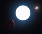 Ilustracja artystyczna przedstawiająca gwiazdę neutronową i planety.
