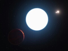 Ilustracja artystyczna przedstawiająca gwiazdę neutronową i planety.