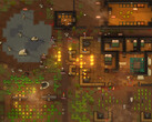 Zrzut ekranu z rozgrywki w RimWorld przedstawiający atakowaną kolonię, z pożarami, zwierzętami i budynkami.