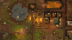 Zrzut ekranu z rozgrywki w RimWorld przedstawiający atakowaną kolonię, z pożarami, zwierzętami i budynkami.
