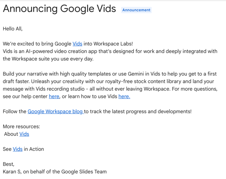 Dzisiejsze ogłoszenie dotyczące uruchomienia Google Vids w Workspace Labs. (Źródło: Wsparcie Google)