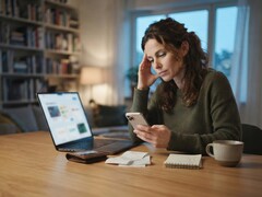Kobieta siedząca przy biurku patrzy na swój smartfon; obok niego leżą laptop, paragony i notatnik