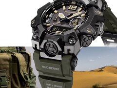Zbliżenie na zegarek Casio G-Shock Mudmaster GWG-B1000-1A3, ukazujące czarną kopertę, brązowe akcenty na tarczy, oliwkowo-zielony pasek, solidne osłony ochronne oraz oznaczenie „Triple Sensor”, na tle sprzętu wojskowego i pustynnego krajobrazu.