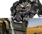 Zbliżenie na zegarek Casio G-Shock Mudmaster GWG-B1000-1A3, ukazujące czarną kopertę, brązowe akcenty na tarczy, oliwkowo-zielony pasek, solidne osłony ochronne oraz oznaczenie „Triple Sensor”, na tle sprzętu wojskowego i pustynnego krajobrazu.