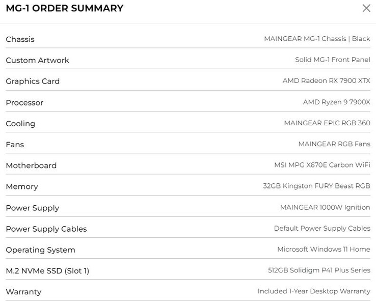 Maingear MG-1 konstrukcja o wartości 3 681 USD z procesorem AMD Ryzen 9 i kartą graficzną z serii RX 7000 (Źródło: własne)