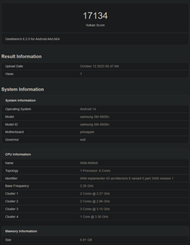 Test porównawczy Snapdragon 8 Gen 3 Vulkan (zdjęcie za pośrednictwem Geekbench)