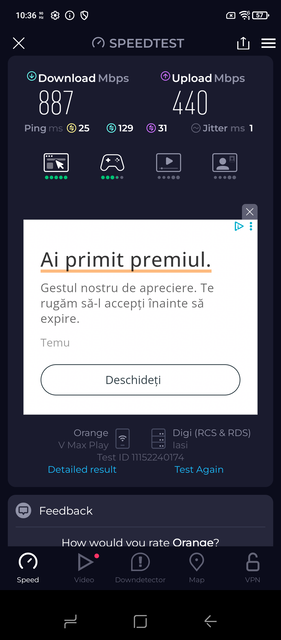 Ookla Speedtest, przebieg 2 - inny serwer (Źródło obrazu: Zrzut ekranu - Sergey Tarasov - Notebookcheck)