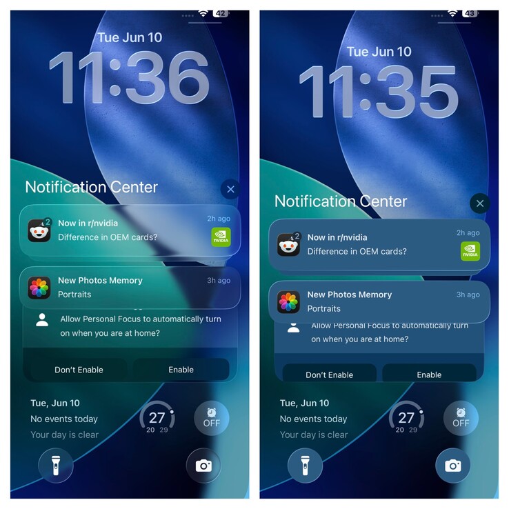 ekran blokady iOS 26 z przezroczystością i bez. (Źródło zdjęcia: Vaidyanathan S. na X)
