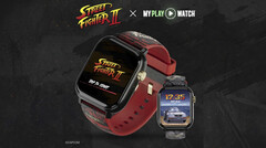 Zegarek gamingowy Street Fighter II: My Play Watch z czerwonym paskiem, detalami w złotym wykończeniu i drugim wyświetlaczem zegarka, na ciemnym tle o wyraźnej fakturze.