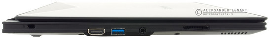 lewy bok: zaczep na linkę blokady Kensingtona, HDMI, USB 3.0, gniazdo audio, czytnik kart pamięci
