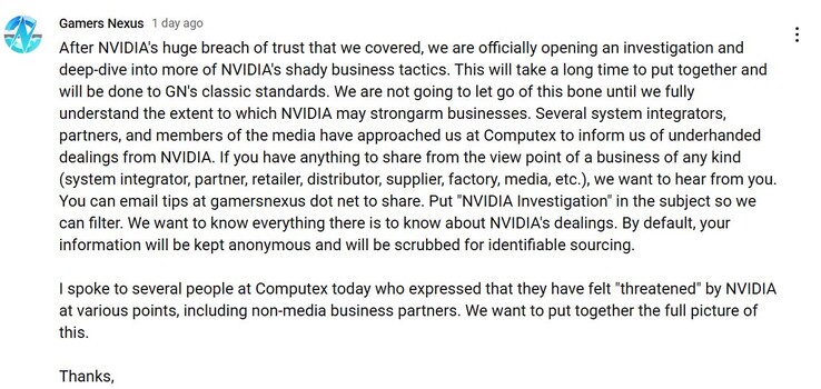 Gamers Nexus rozpoczyna dochodzenie w sprawie Nvidii. (Źródło obrazu: Gamers Nexus na YouTube)