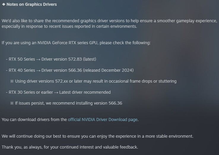 zalecenia dotyczące sterowników GPU inZoi (Źródło obrazu: Steam)