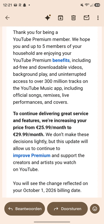 E-mail dotyczący podwyżki cen abonamentu YouTube Premium dla rodzin