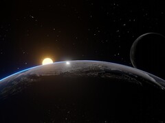 Ilustracja artysty przedstawiająca Ziemię, Księżyc i Słońce.