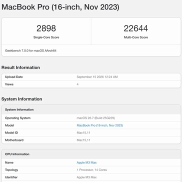 Wynik testu Geekbench 7 dla procesora Apple M3 Max.