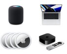 Kolaż przedstawiający głośnik HomePod, MacBook Pro, AirTags i Apple TV z pilotem Siri. (Źródło obrazu: Apple)