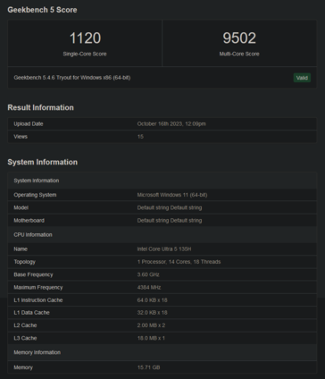 Wydajność Intel Core Ultra 5 135H w Geekbench (zdjęcie za pośrednictwem Geekbench)