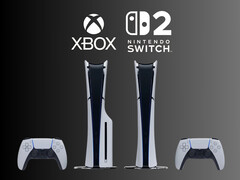 Konsole PS5 są pokazane poniżej logo Xbox i Nintendo Switch 2 (Źródło zdjęcia: Sony PlayStation, Microsoft Gaming, Nintendo of America ze zmianami)
